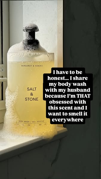 This image ad features a bottle of Salt & Stone body wash and a customer testimonial in a square frame. The customer