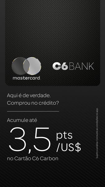 This ad for C6 Bank promotes their C6 Carbon card, which accumulates 3.5 points per dollar spent.