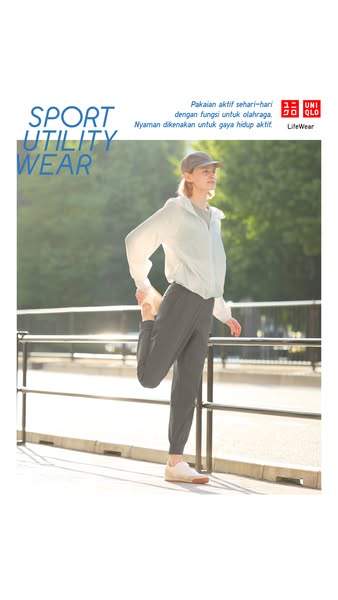 This ad features a woman stretching outdoors in activewear. The text overlay highlights the 'Sport Utility Wear'