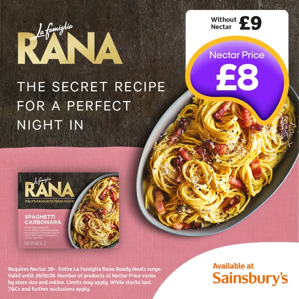 This image ad promotes La Famiglia Rana's Spaghetti Carbonara, emphasizing its convenience for a perfect night in. I