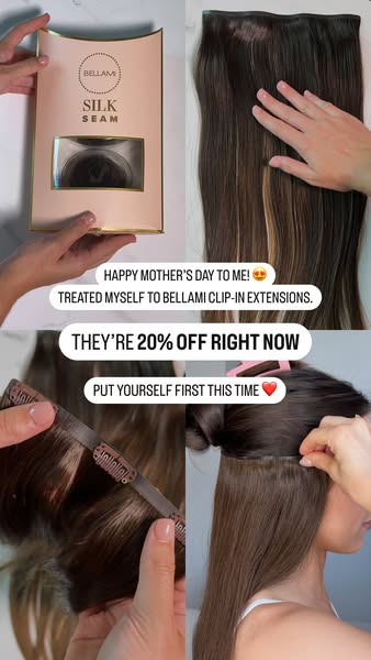An image ad for BELLAMI clip-in extensions. The ad contains an offer for 20% off and uses the copy 'Put yourself fir