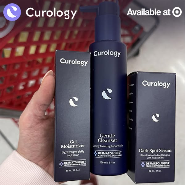 This ad promotes Curology skincare products available at Target, featuring their Gel Moisturizer, Gentle Cleanser, and D
