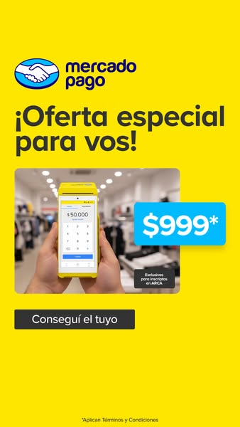 This image ad for Mercado Pago features a special offer for ARCA members. The ad showcases a yellow Mercado Pago device 