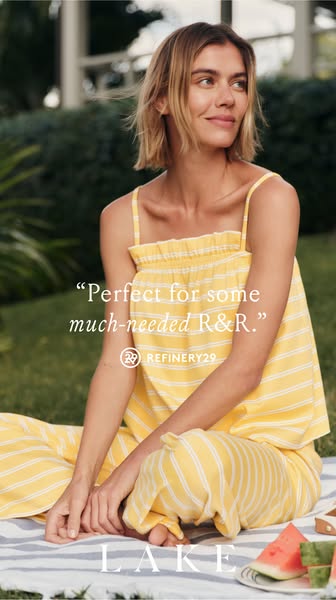 This image ad shows a blonde woman wearing a yellow and white striped pajama set enjoying a picnic. A quote from Refiner