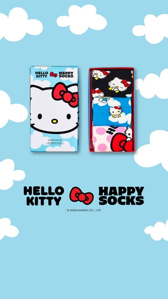 This ad showcases a box set of Hello Kitty Happy Socks against a pastel blue background decorated with white cartoon clo