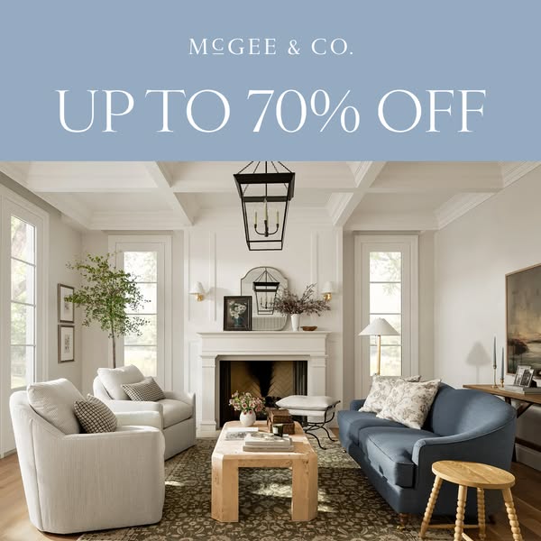 This image ad for McGee & Co. features a stylish living room setting with a calming blue color palette, promoting a 