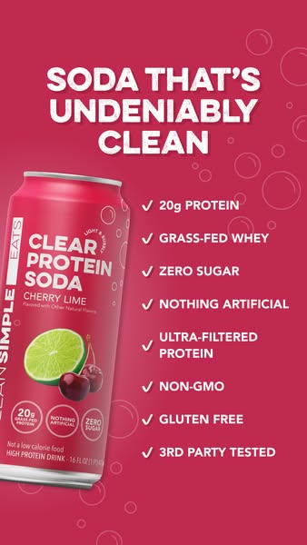 This ad promotes a protein-infused soda by Clean Simple Eats. The ad highlights the soda's health-conscious ingredie