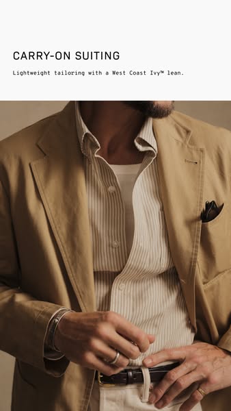 This image ad showcases a tailored suit, emphasizing its lightweight construction and West Coast Ivy League style.