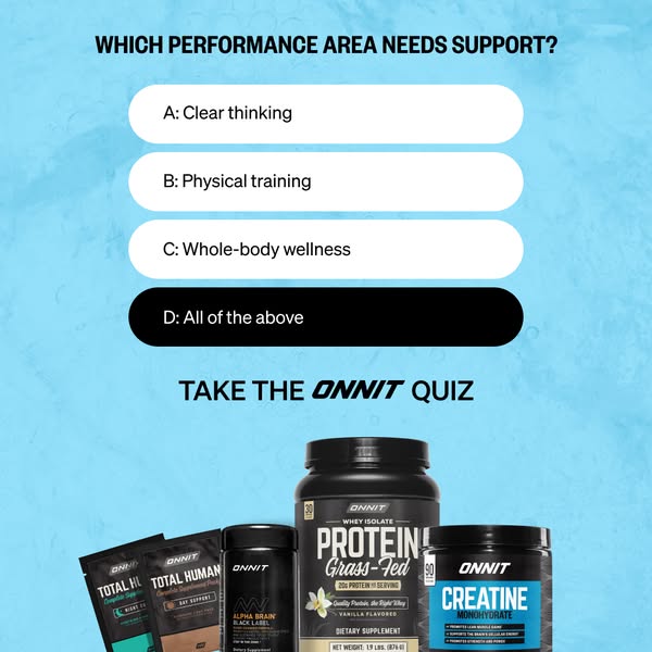 This ad features an interactive quiz format asking viewers about their performance needs. It then presents Onnit supplem