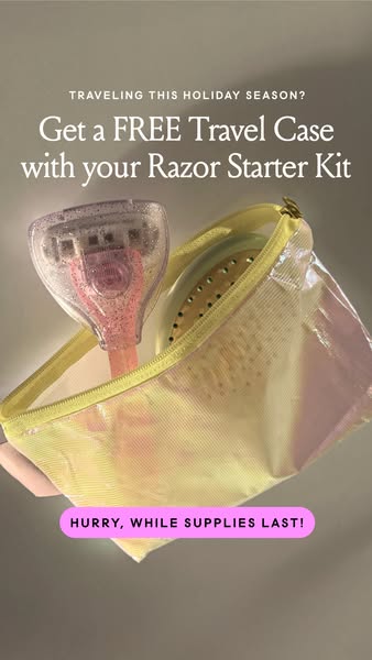 This ad promotes a razor starter kit and offers a free travel case for the holiday season. It uses a simple product shot