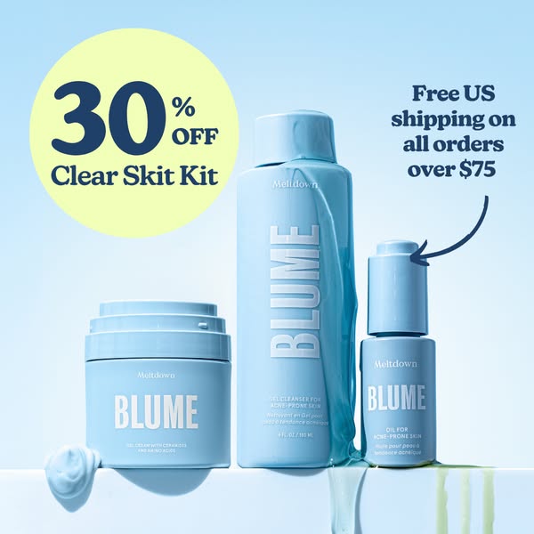 The image showcases Blume's Clear Skit Kit, featuring a 30% discount. The kit includes a gel cleanser, oil for acne-