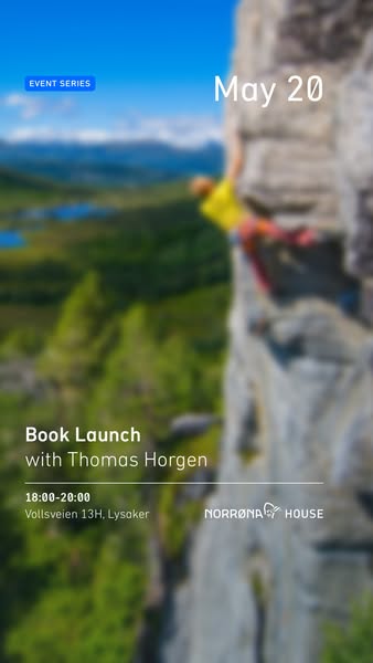 This ad promotes a book launch event with Thomas Horgen at Norrøna House on May 20th. The image features a blurred backg