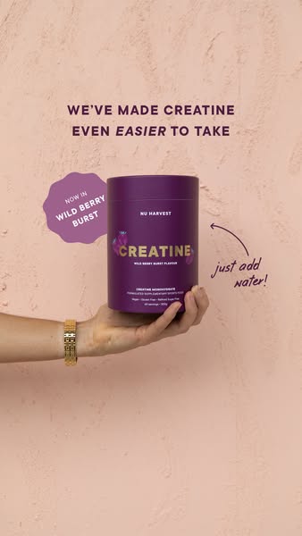 This image ad for NU Harvest Creatine presents a new wild berry burst flavor that is easy to take and only requires addi