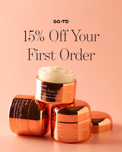 This Go-To ad promotes Very Luxe Face Cream with a 15% off offer for first-time customers. The visual focuses on the pro