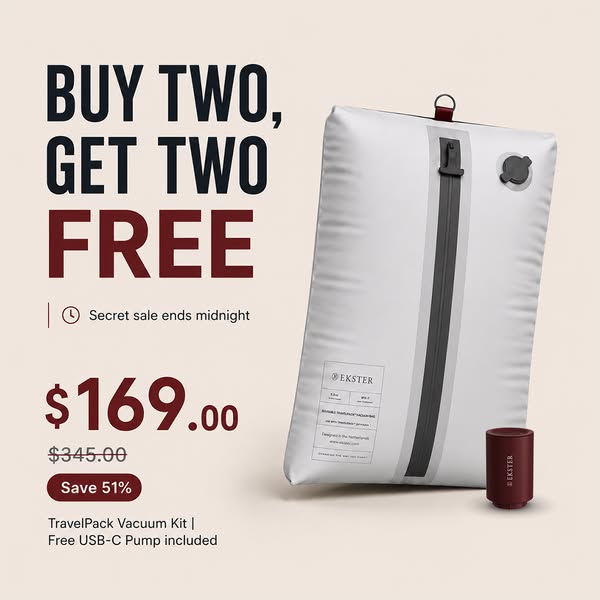 Ad for Ekster's TravelPack Vacuum Kit featuring a Buy Two Get Two Free offer and a free USB-C pump included.