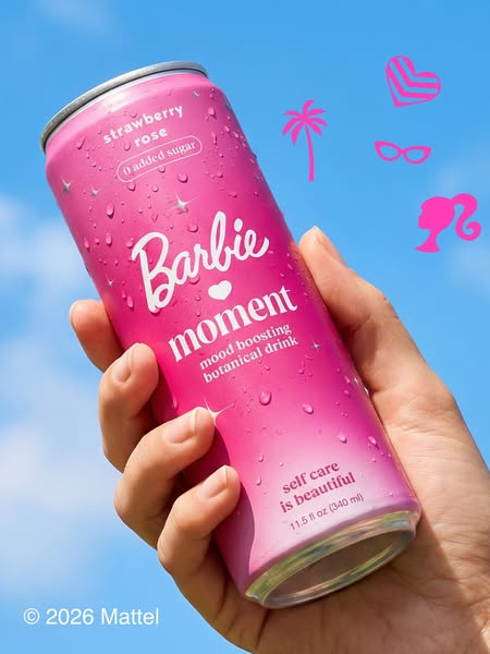 This ad showcases the Barbie mood-boosting botanical drink, emphasizing its flavor, sugar content, and association with 