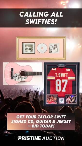 This ad is for an auction of Taylor Swift memorabilia, including a signed CD, guitar, and jersey. The ad calls out to &q