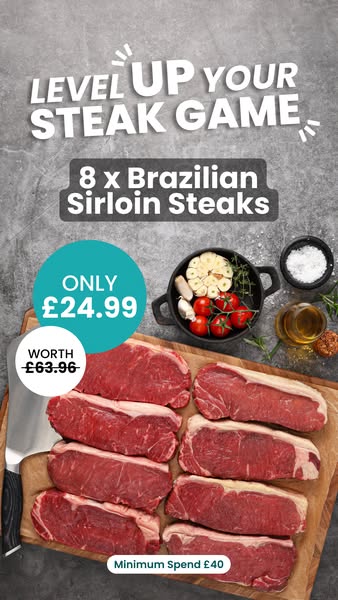 This image ad promotes a discounted offer on 8 Brazilian sirloin steaks, emphasizing value and cost savings.