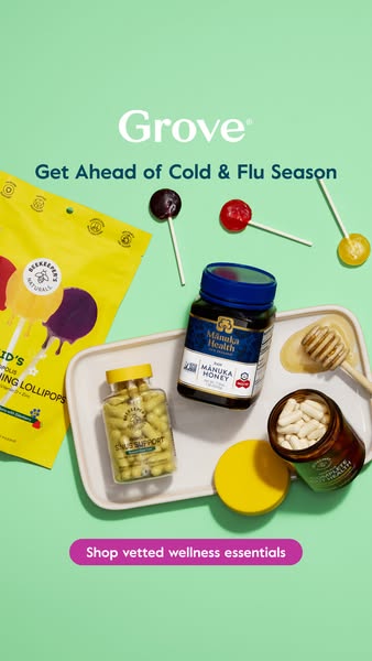 This ad promotes Grove Collaborative's wellness essentials for cold and flu season. It features a flat lay of variou