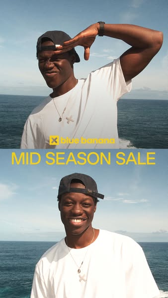 The ad features an image of a man wearing a white t-shirt standing near the ocean. The image is split into two sections,