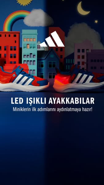 This ad showcases LED light-up shoes for children and highlights how they light up their first steps. The ad uses a spli