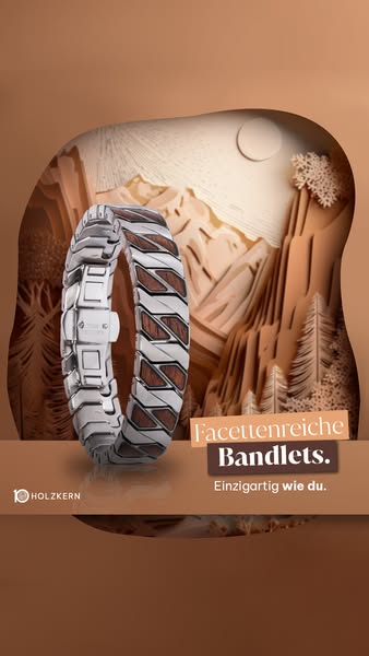 This ad showcases a Holzkern bracelet against a backdrop of mountains and trees. The ad highlights the unique and multif