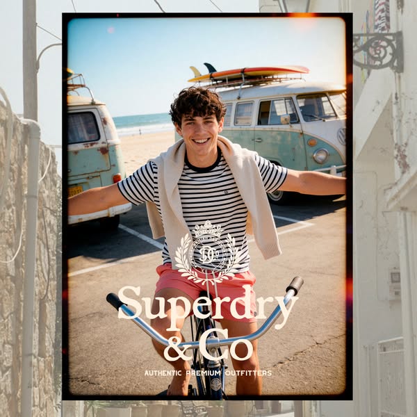 This lifestyle ad for Superdry features a photo of a smiling man on a bicycle in front of a vintage VW van on a sunny be