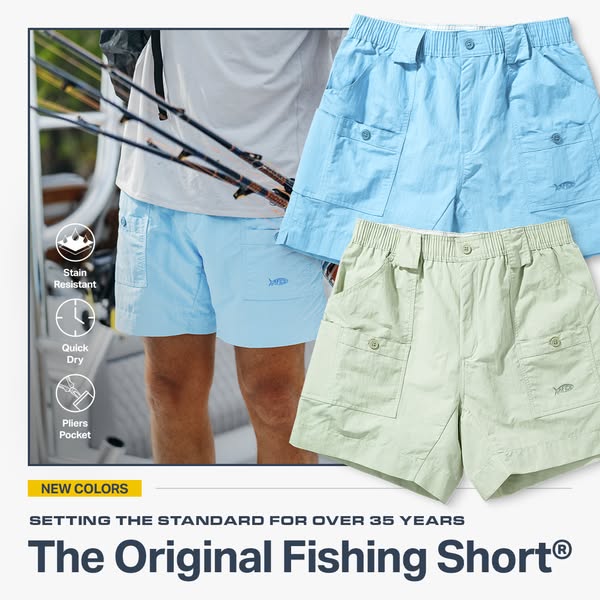 Image ad for The Original Fishing Short by AFTCO. The ad highlights the fishing shorts' features like being stain-re