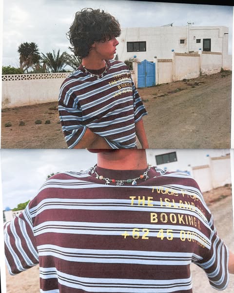 This image ad showcases a striped shirt worn by a male model against an outdoor backdrop. The ad is divided into two sec