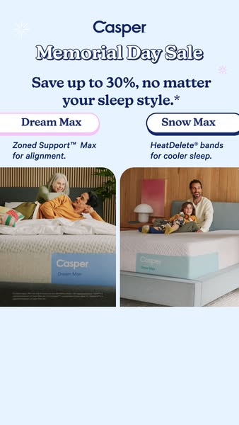 This Meta image ad by Casper promotes their Memorial Day Sale and features both the Dream Max and Snow Max mattresses.