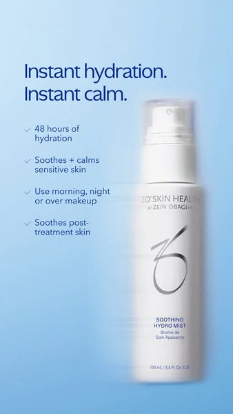 This ad promotes ZO Skin Health's Soothing Hydro Mist as an instant calming and hydrating solution. It highlights th