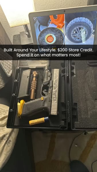 This image ad shows an open safe with a handgun and accessories inside, with a promotion for a store credit offer. A lap