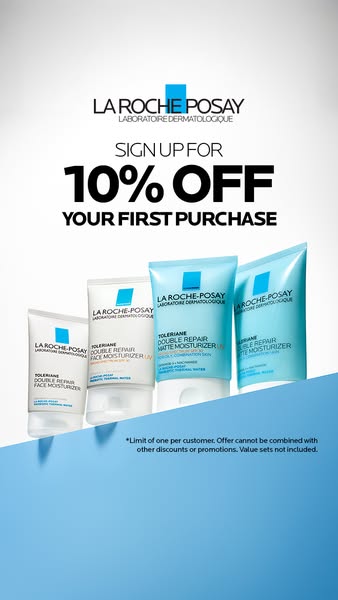This ad for La Roche-Posay promotes a 10% off discount for first-time customers who sign up. The ad features four of the