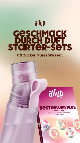 An ad for air up, a brand that sells water bottles and flavor pods. The ad highlights the starter set which includes a w