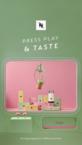 This ad features a Nespresso machine and capsules presented in a playful, arcade-style claw machine setting. The ad aims