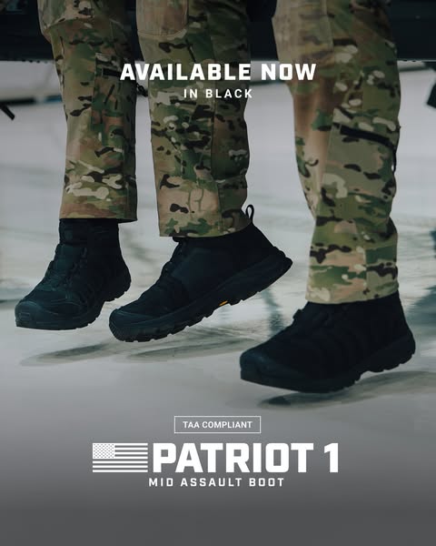 This ad showcases the Patriot 1 Mid Assault Boot, emphasizing its availability in black and TAA compliance, appealing to
