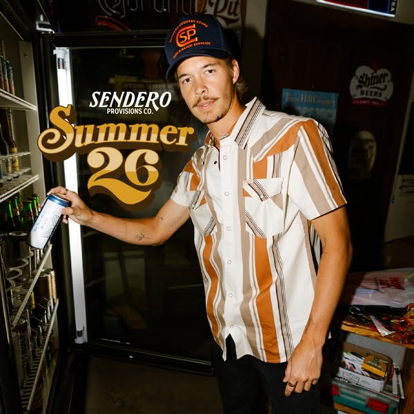 This ad features a lifestyle image with text overlay promoting the brand Sendero Provisions Co. and their Summer 26 line