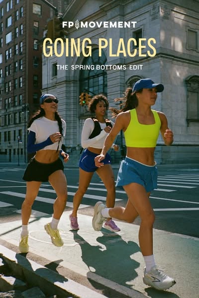 This ad for FP Movement highlights running clothes and shoes as part of 'The Spring Bottoms Edit' in an urban se