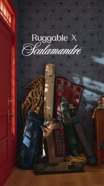 This ad features a collection of animal print rugs from the Ruggable x Scalamandre collaboration. The rugs are stacked i