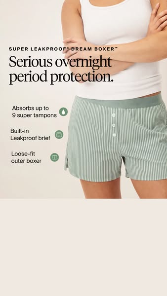 This ad showcases a comfortable pair of period boxer shorts that provide leakproof overnight protection by absorbing up 