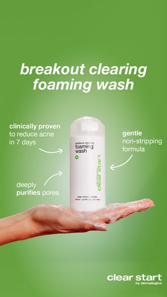 Ad for Clear Start foaming face wash. The ad shows a bottle of the product being held in one hand, with the product disp