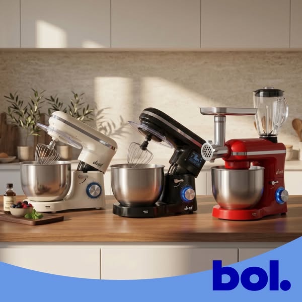 This image showcases three different colored Dveel stand mixers arranged on a kitchen countertop, highlighting their des