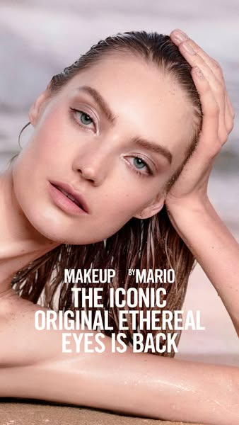 This ad for Makeup by Mario features a close-up shot of a model with wet hair and dewy skin, showcasing a subtle and eth