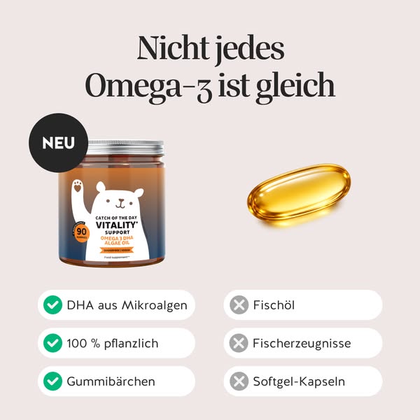 An advertisement for CATCH OF THE DAY Vitality Support Omega 3 DHA Algae Oil. The ad states 'Not every Omega-3 is th