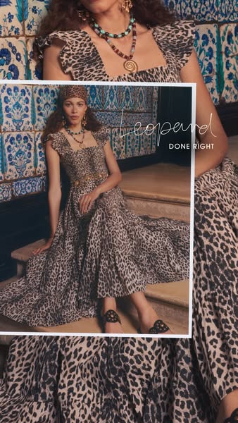 This image ad promotes a leopard print dress. The ad features a model wearing the dress and also includes a close-up ins