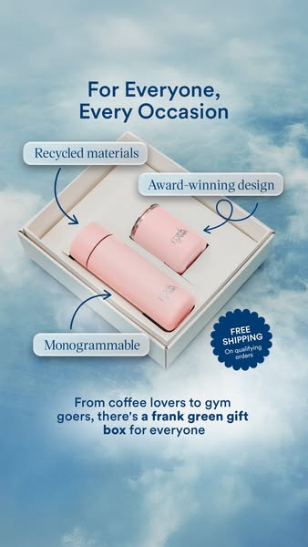 This ad showcases a Frank Green gift box, emphasizing its versatility for everyone and every occasion. It highlights fea