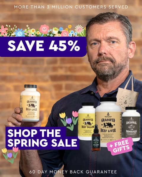 An image ad for Ancestral Supplements features the brand founder holding a bottle of Beef Liver supplement to promote a 