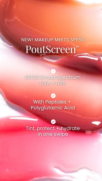 This ad showcases PoutScreen, a product that combines makeup with SPF50. The ad uses a product shot to highlight the for