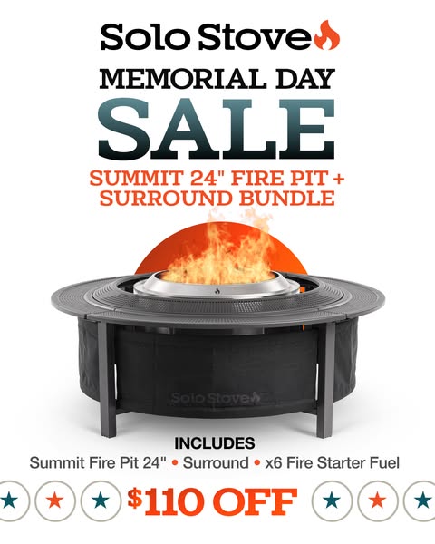 This ad is for the Solo Stove Summit 24" Fire Pit + Surround Bundle. The ad highlights a Memorial Day Sale with $11