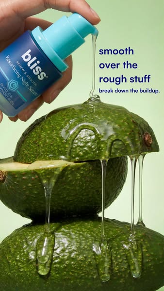 This image ad shows Bliss Resurfacing Night Serum being applied to an avocado to demonstrate how the product can smooth 